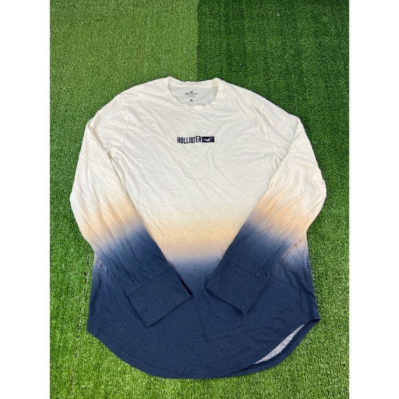 Hollister Other - Hollister Mens Long Sleeve Ombre Dip Dye T-Shirt White Navy Blue Large Logo